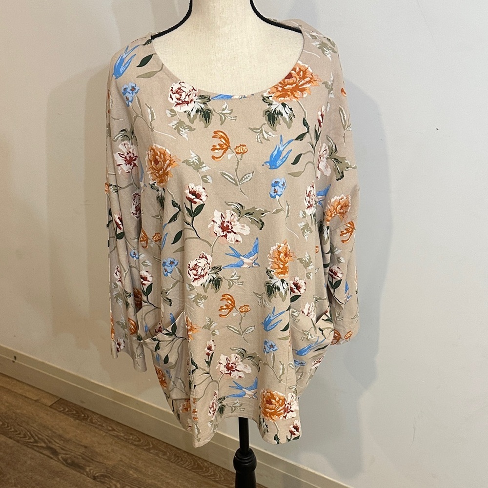 NEW Cynthia Rowley Beige Floral Blouse Linen Blend Orange and Blue Accents 3X